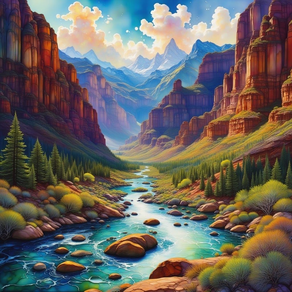 Majestic River in Sun-Drenched Canyon Oil Painting