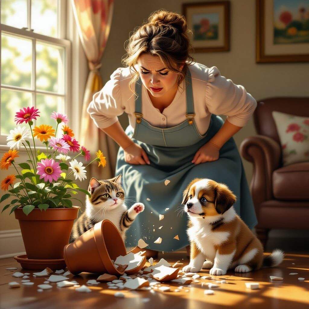 Woman Blames Cat and Puppy for Broken Flower Pot