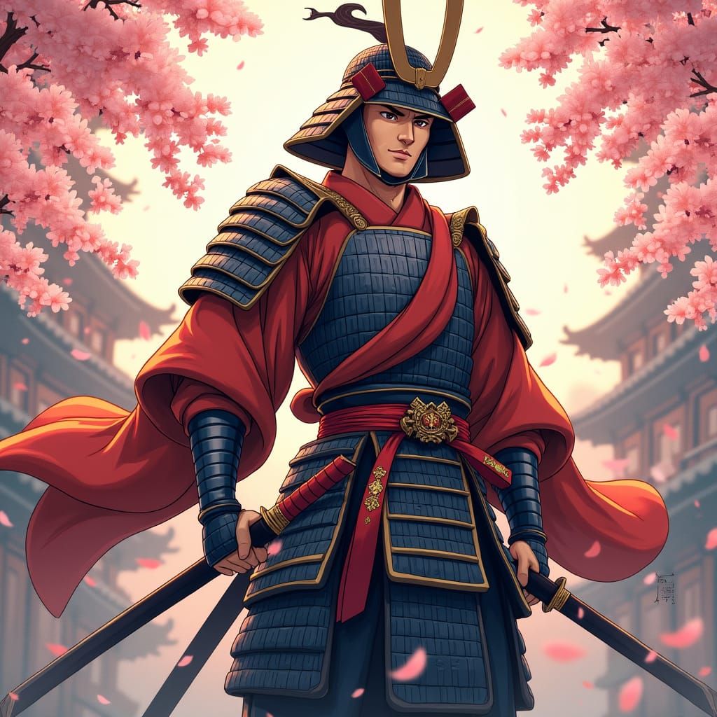 Anime Samurai Warrior in Cherry Blossom Landscape