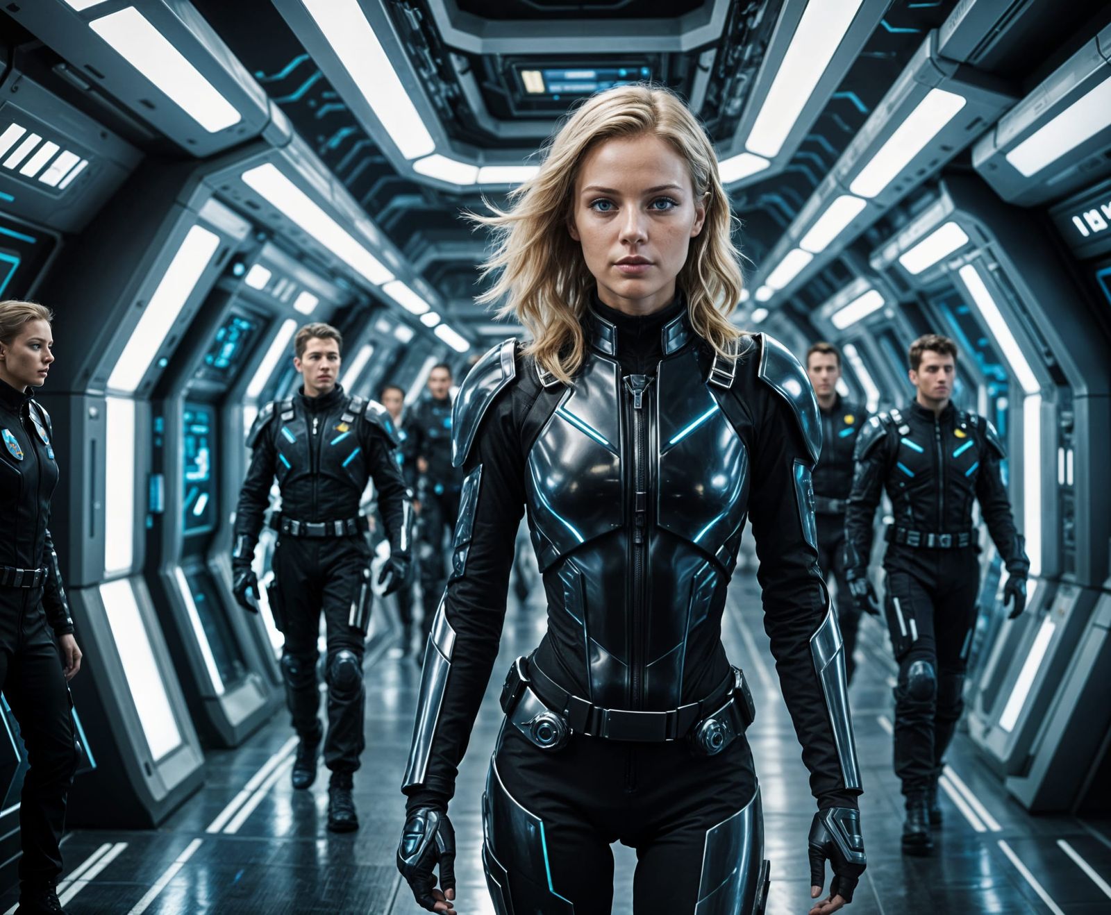 Woman Pilot in Futuristic Space Station, 3D Render