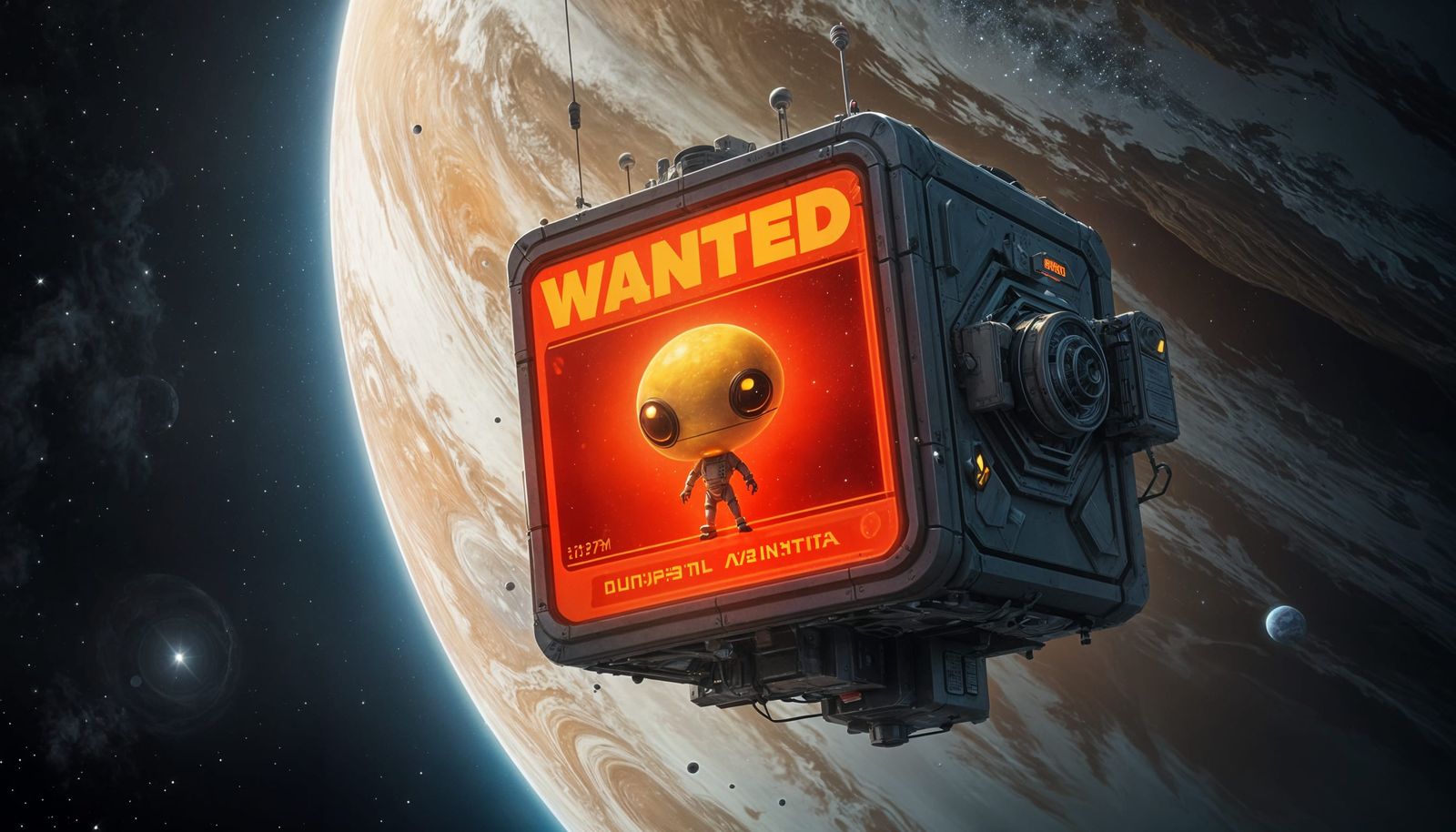 Cartoon Creature on Wanted Sign Near Gas Giant