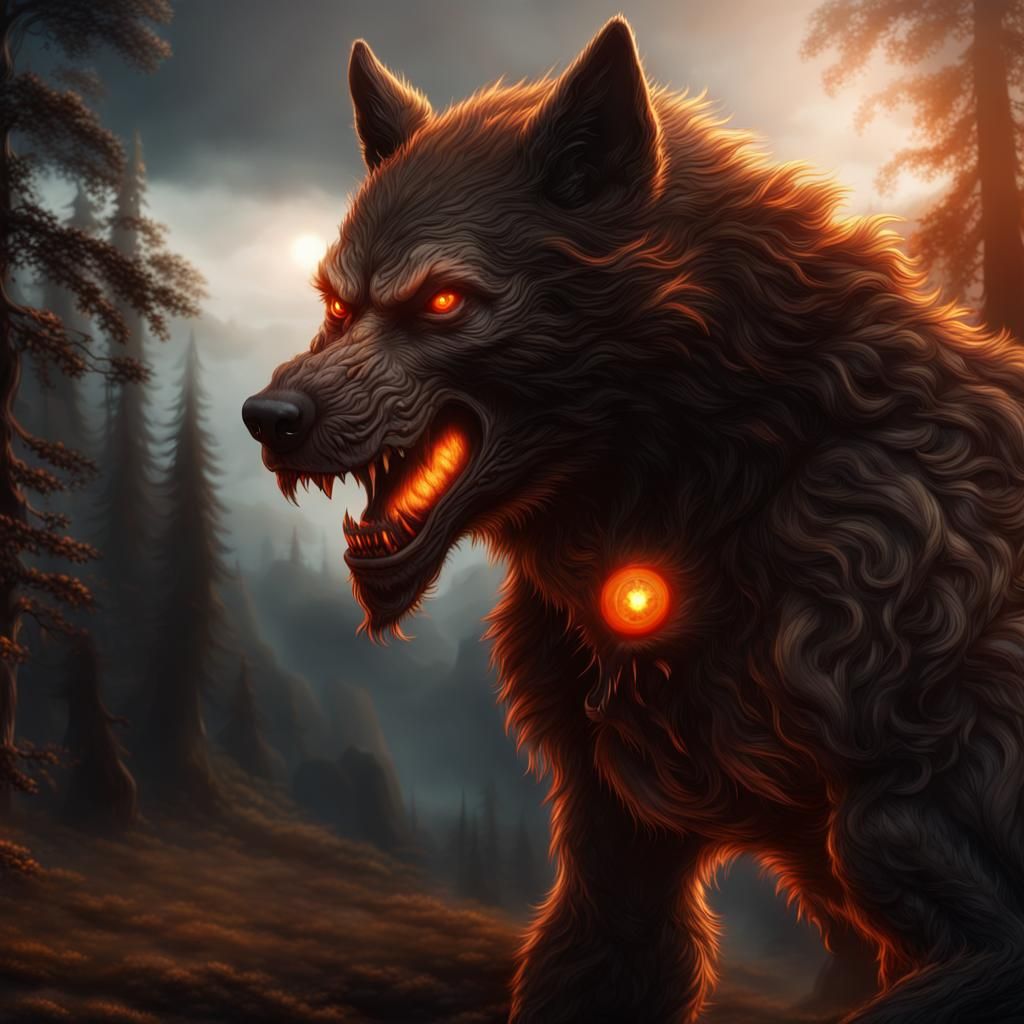Dramatic Werewolf with Glowing Eyes Digital Painting