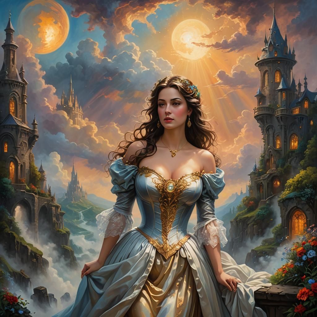 Fantasy Brunette in Gown: Expressionist Oil Painting