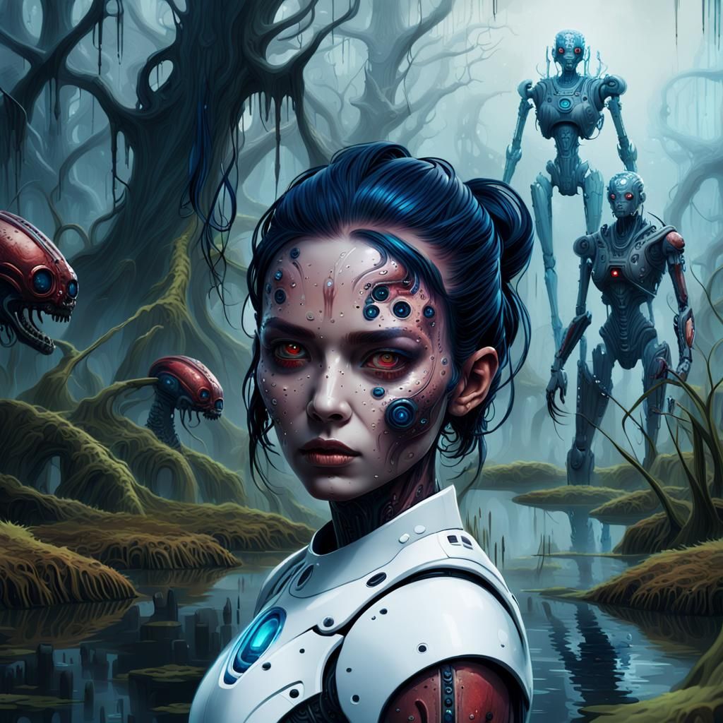 Biomechanical Woman in Misty Swamp: Dark Sci-Fi Art