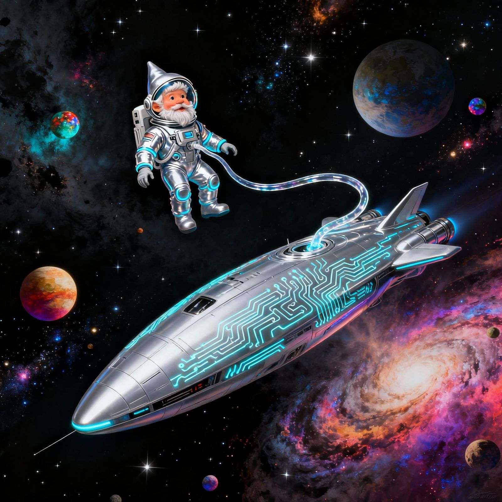 Whimsical Gnome Astronaut in Deep Space Digital Art