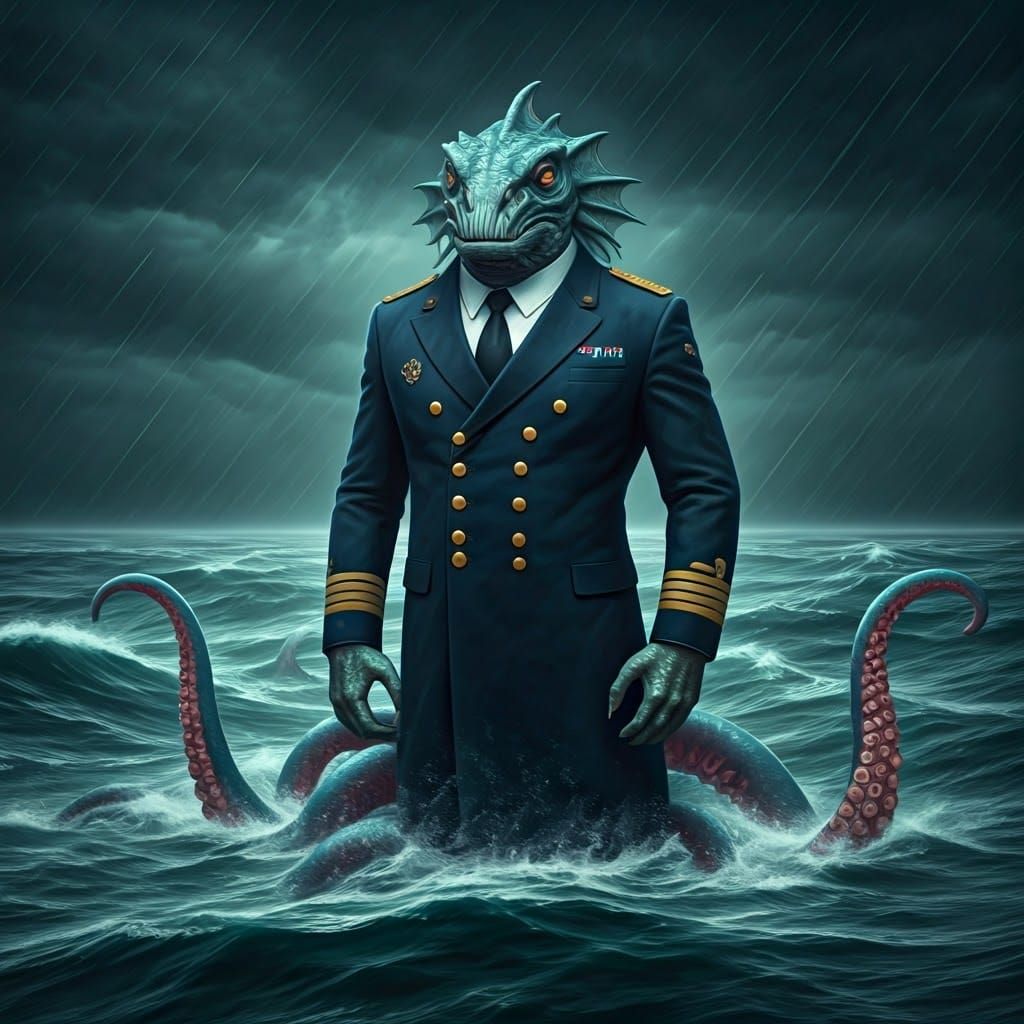 Sea Monster in Naval Uniform on Ghost Ship