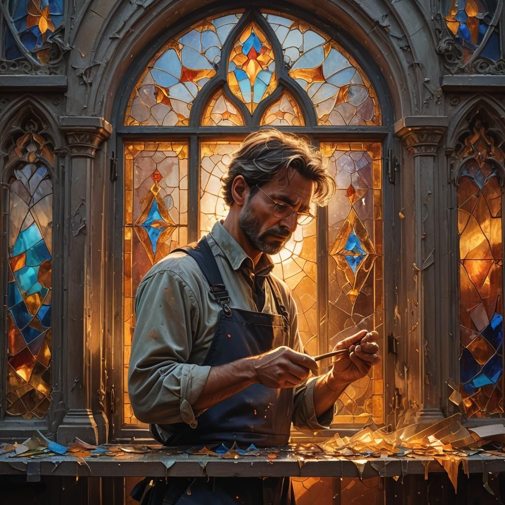 Gothic Glazier Fitting Glass: Vibrant Oil Painting