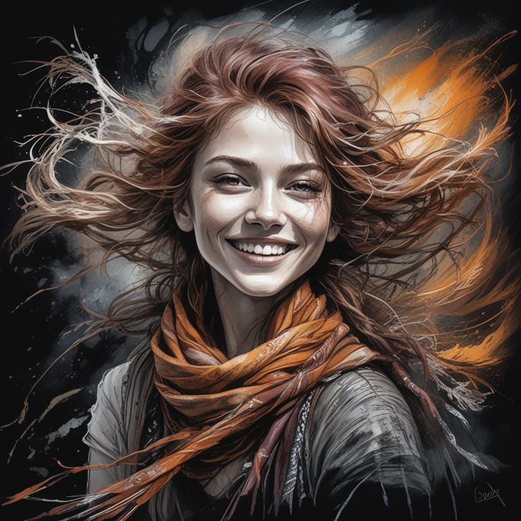 Joyful Maiden Portrait in Energetic Scratch Art Style