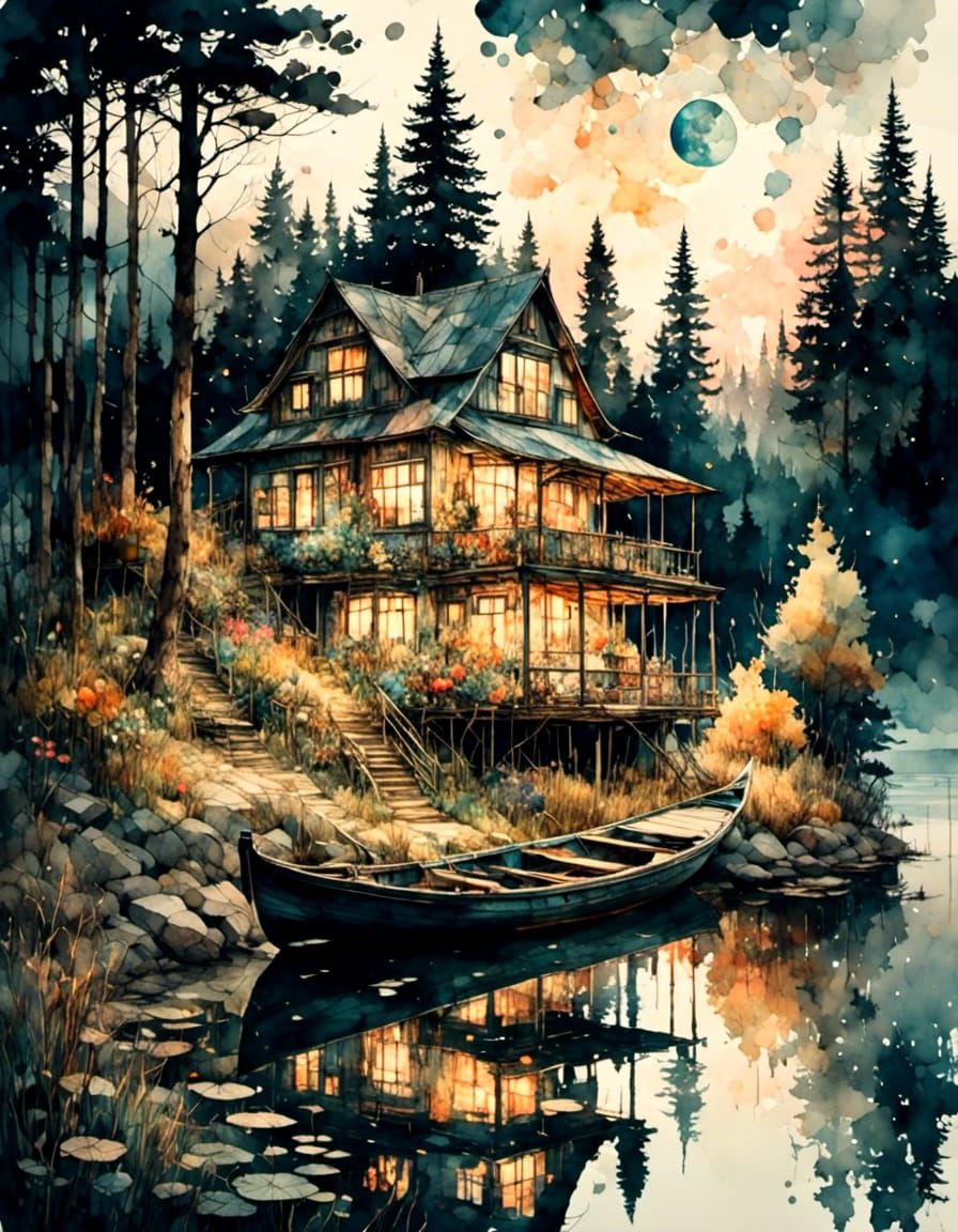 Muted Midnight: Boat Beside Lake House in Watercolor
