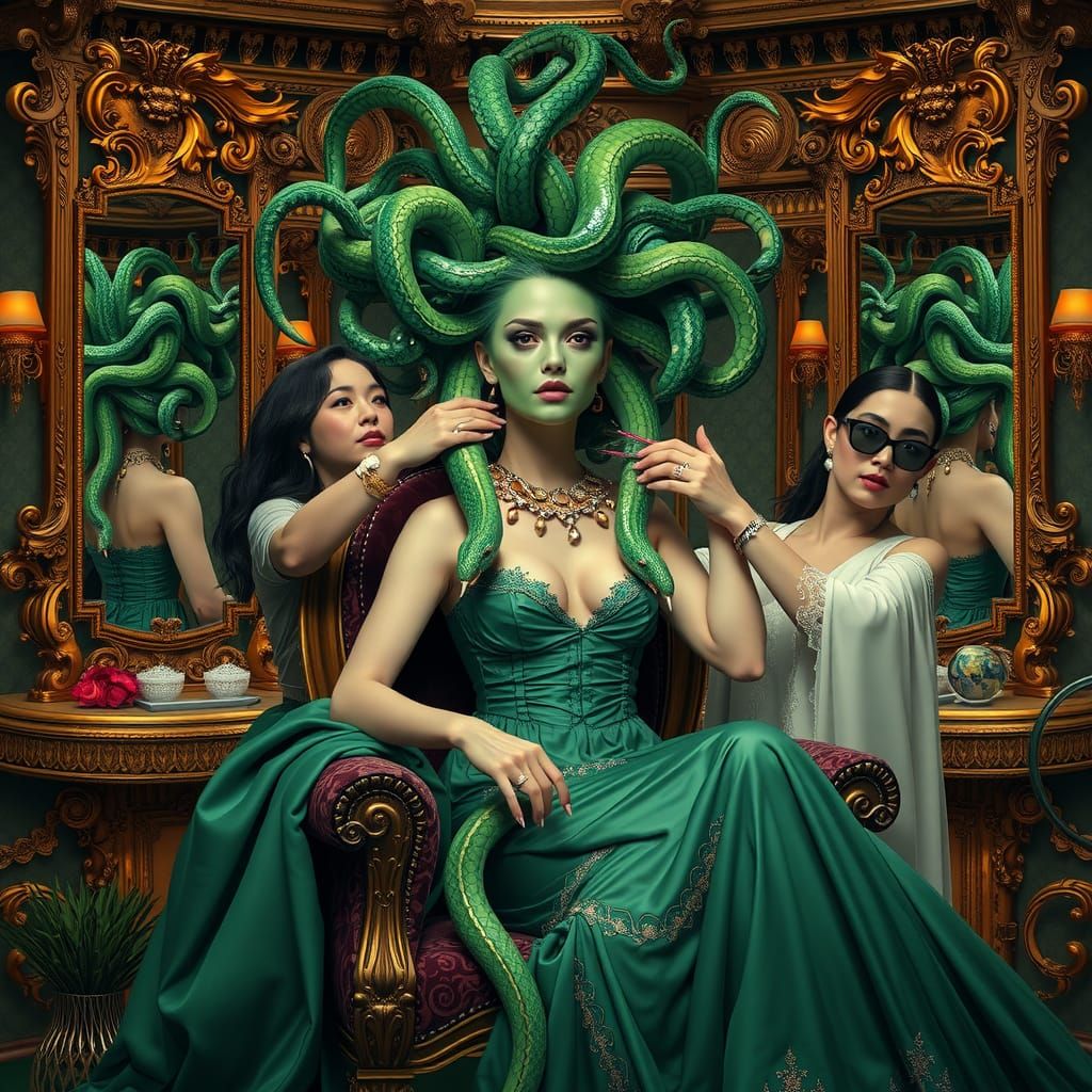 Medusa getting her hair done at the salon