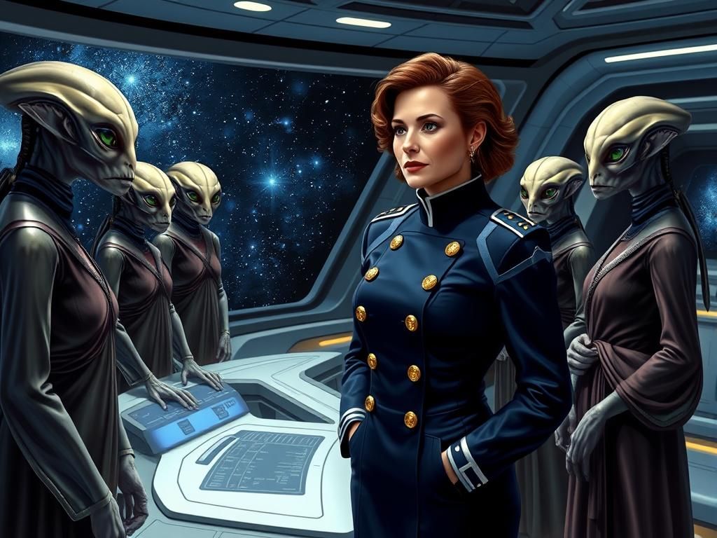 starship captain talking to aliens on the bridge