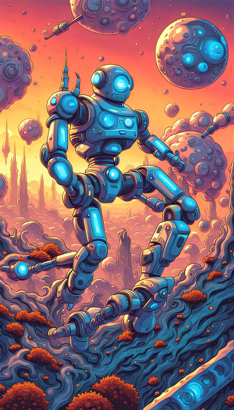 Iridescent Robots Ascend in Cel-Shaded Hyperrealism