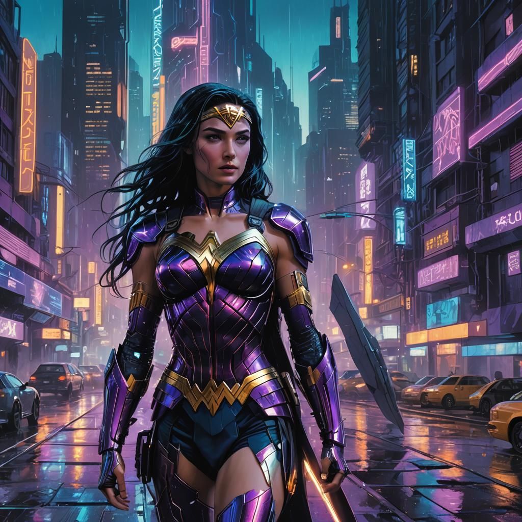 Cyberpunk Wonder Woman in Futuristic Cityscape