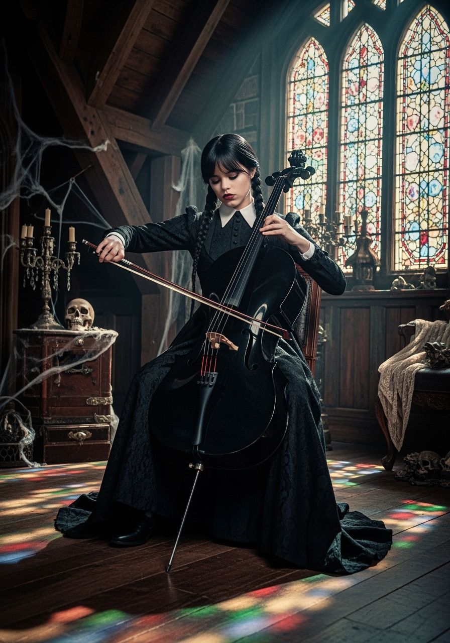 Wednesday Addams Plays Cello in Gothic Attic