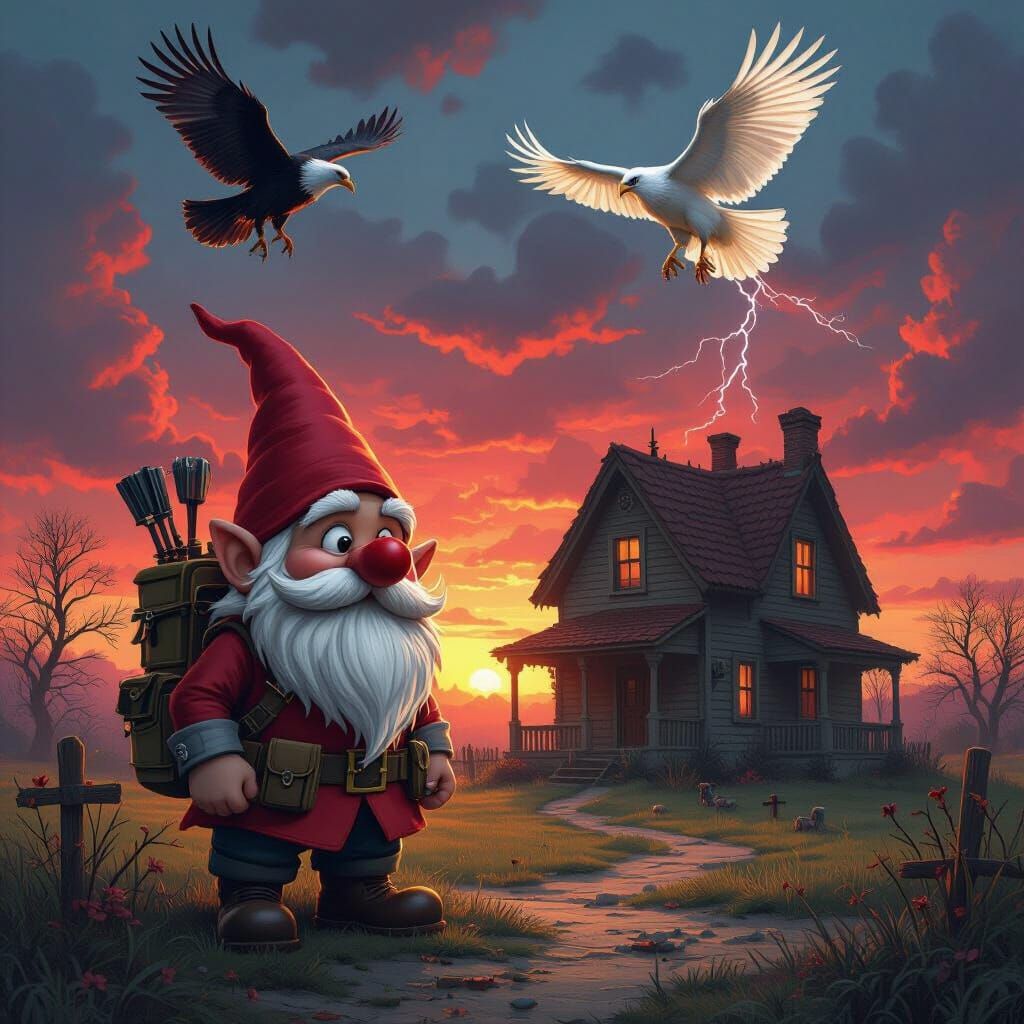 Menacing Garden Gnome Guards Eerie House in Dark Fairy Tale