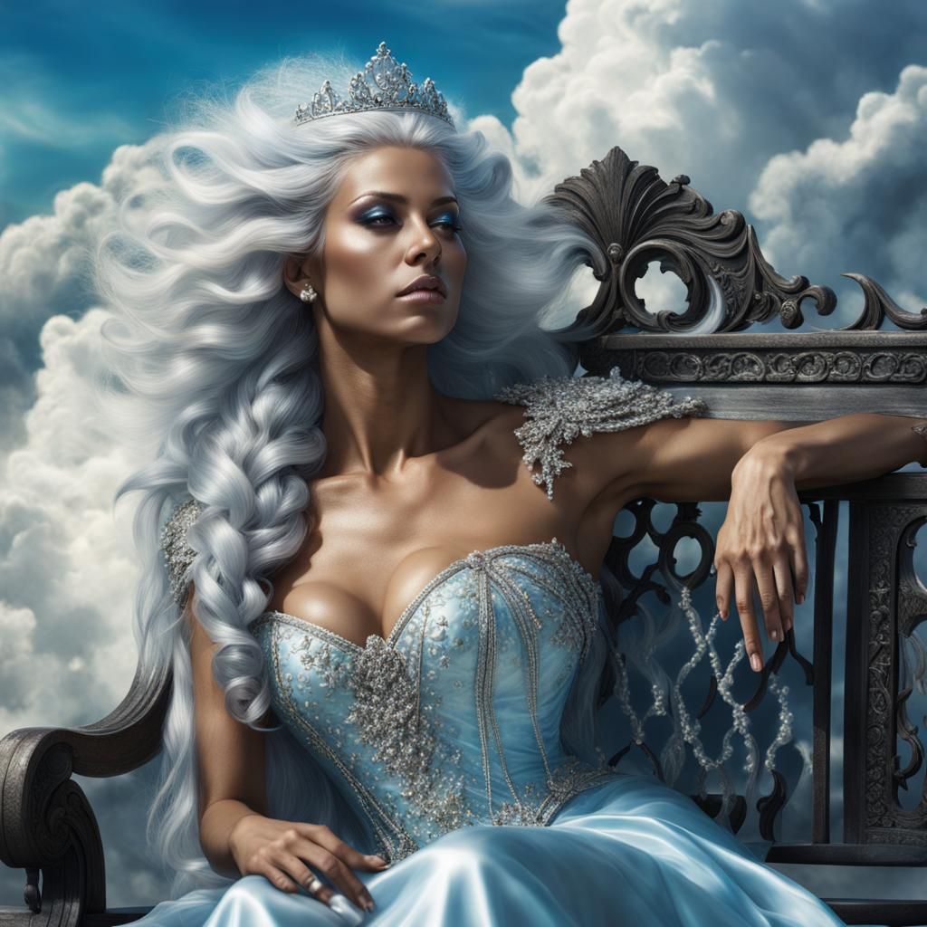 Fantasy Sky Queen with Cloud Hair, Photorealistic