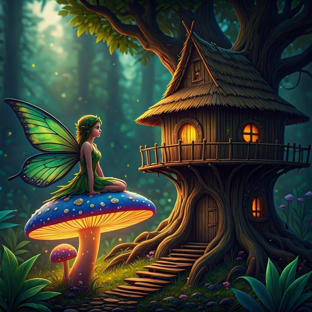 Enchanted Fairy on a Glowing Mushroom in Whimsical Woodland