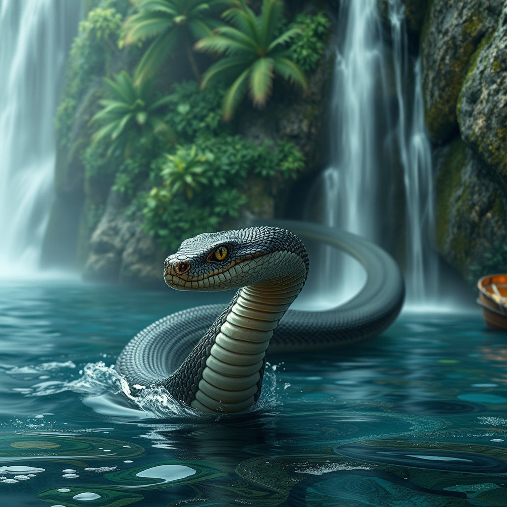 Water Serpent Weaving Through Tropical Waterfall