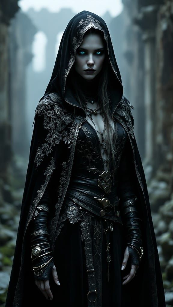 Mysterious Sorceress in Dark, Gothic Ruins