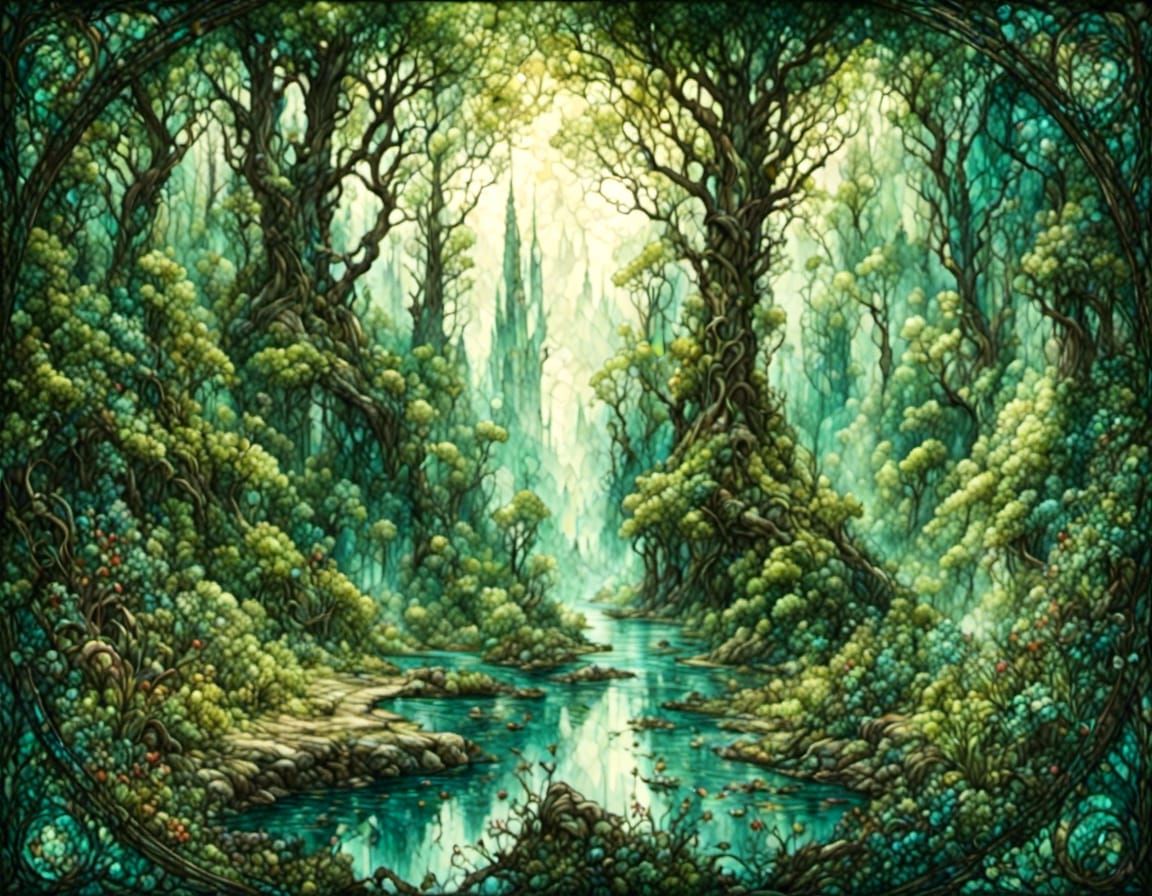 Stained Glass Forest in Watercolor Style