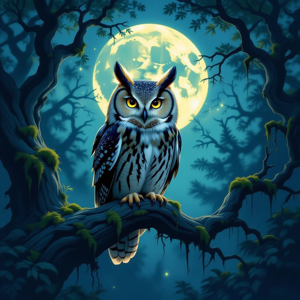 Wise Owl with Luminous Eyes in Moonlit Forest