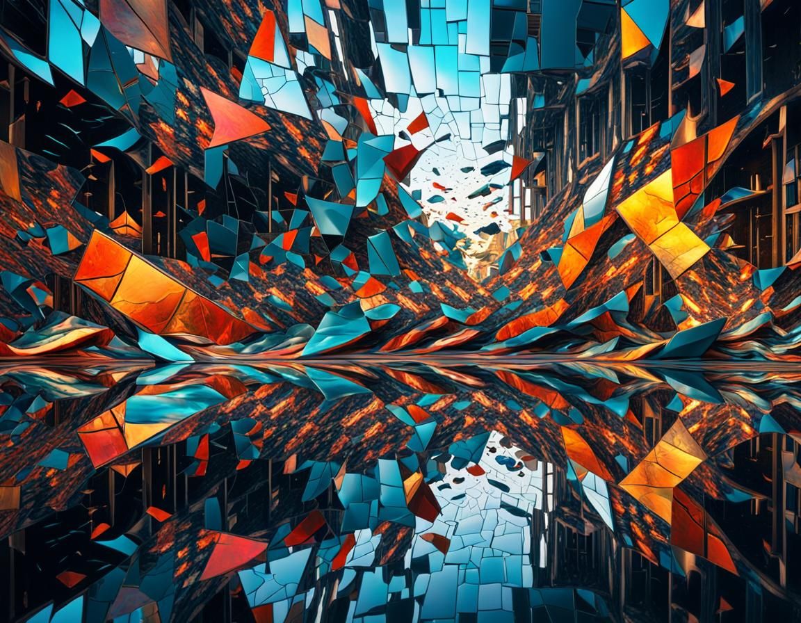 Surreal Shattered Mirror Reflects Distorted Scene