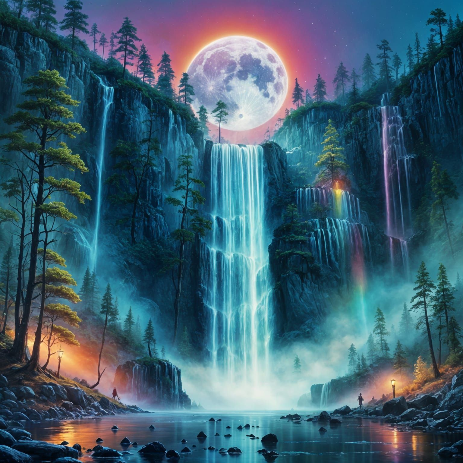 Mystic Waterfall Over Rainbow Splash Paint