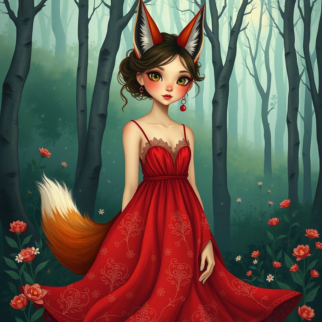 Whimsical Fox Maiden in Vibrant Forest Dreamscape
