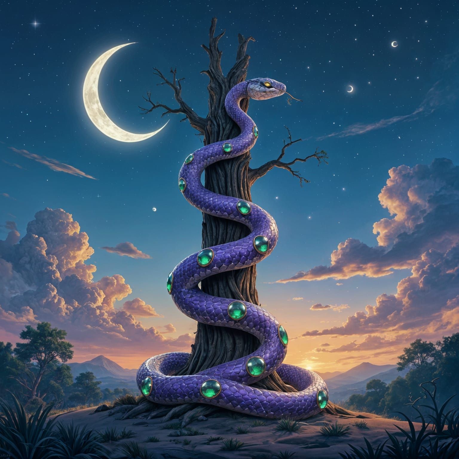 Amethyst and Emerald Snake Coils Around Moonlit Tree