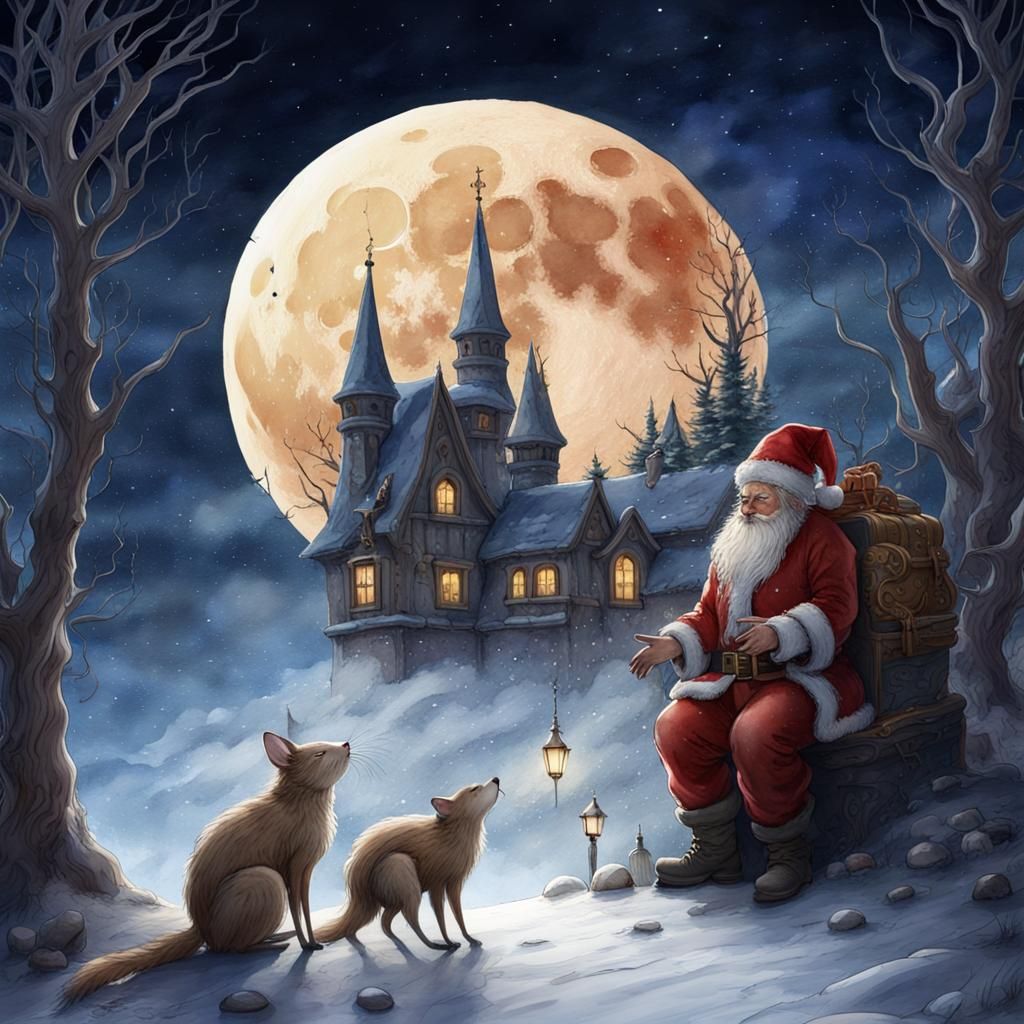 Santa's Sleigh Over Moon in Watercolor Aurora