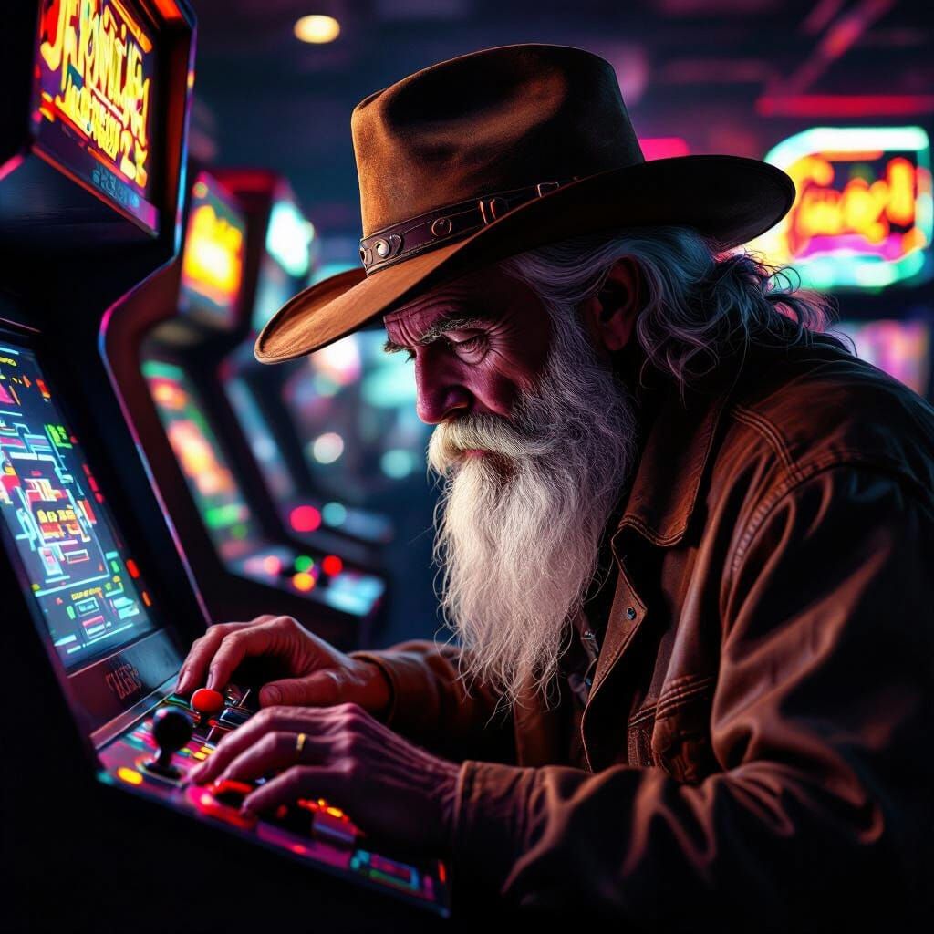 Old Man with Long Beard Plays Arcade Game in Neon Light