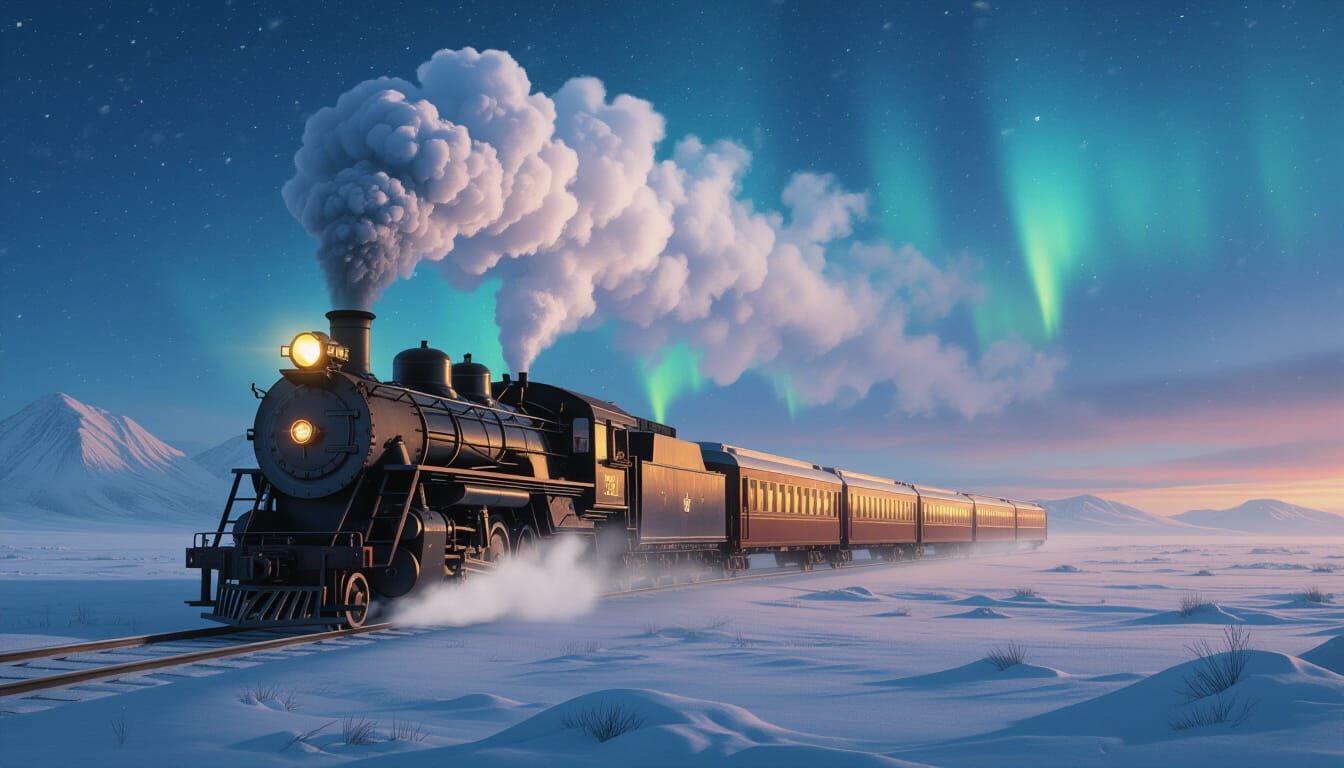 Vintage Train Under Aurora Borealis Sky