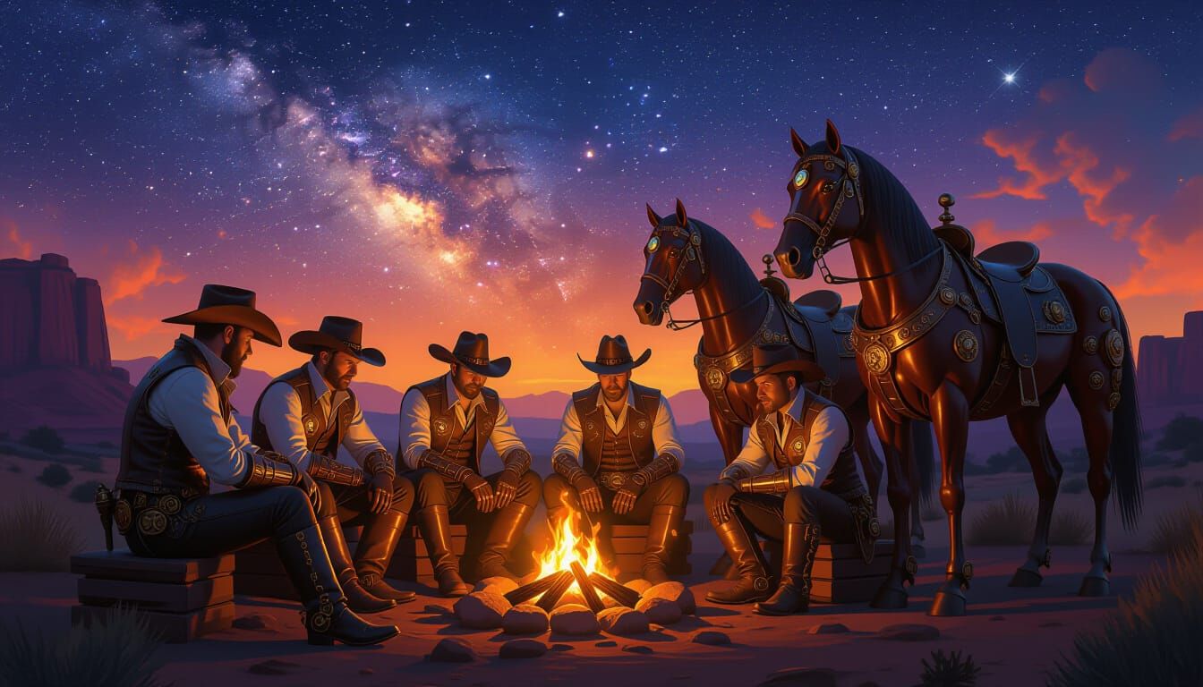 Steampunk Cowboys Gather Around Campfire Under Nebulae Sky