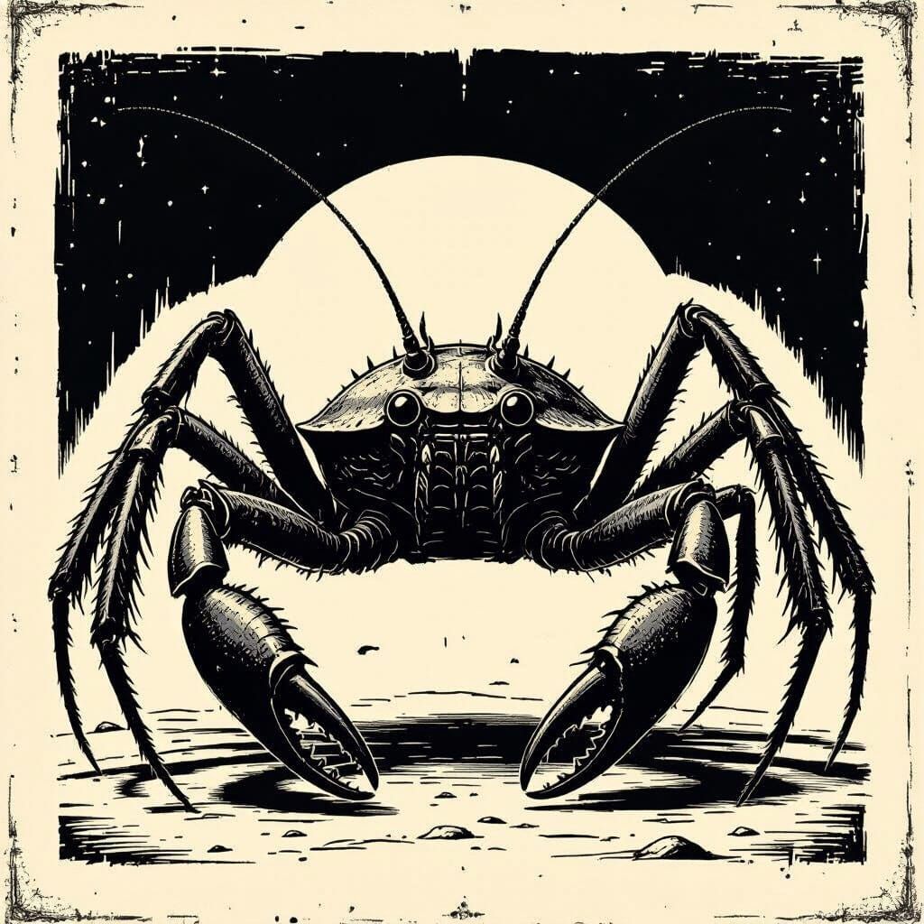 Medieval Woodcut Creature with Spider Eyes and Mantis Arms