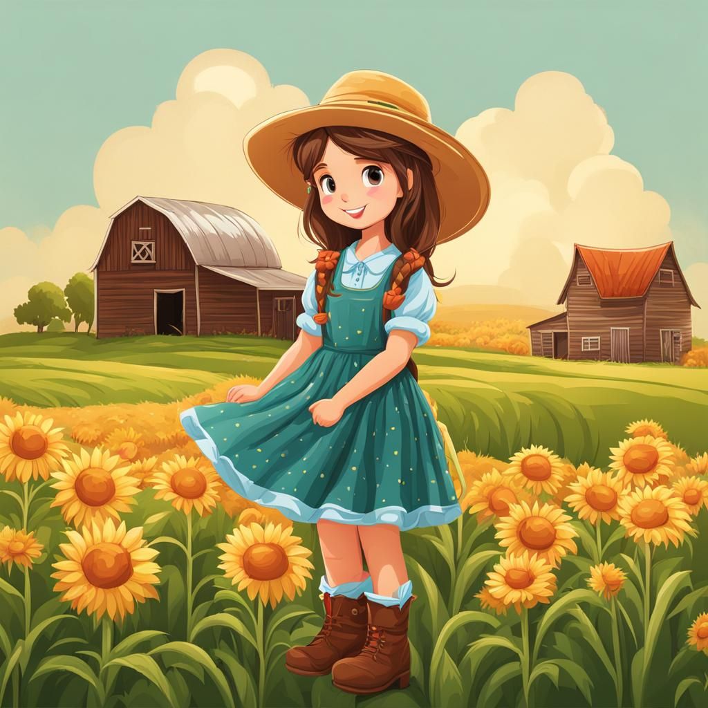 Prairie girl with farmer hat and cute dress cartoon drawing