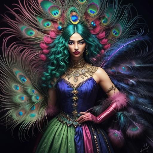 Peacock Beauty: Hyper-Realistic Portrait in Dark Fantasy Sty...