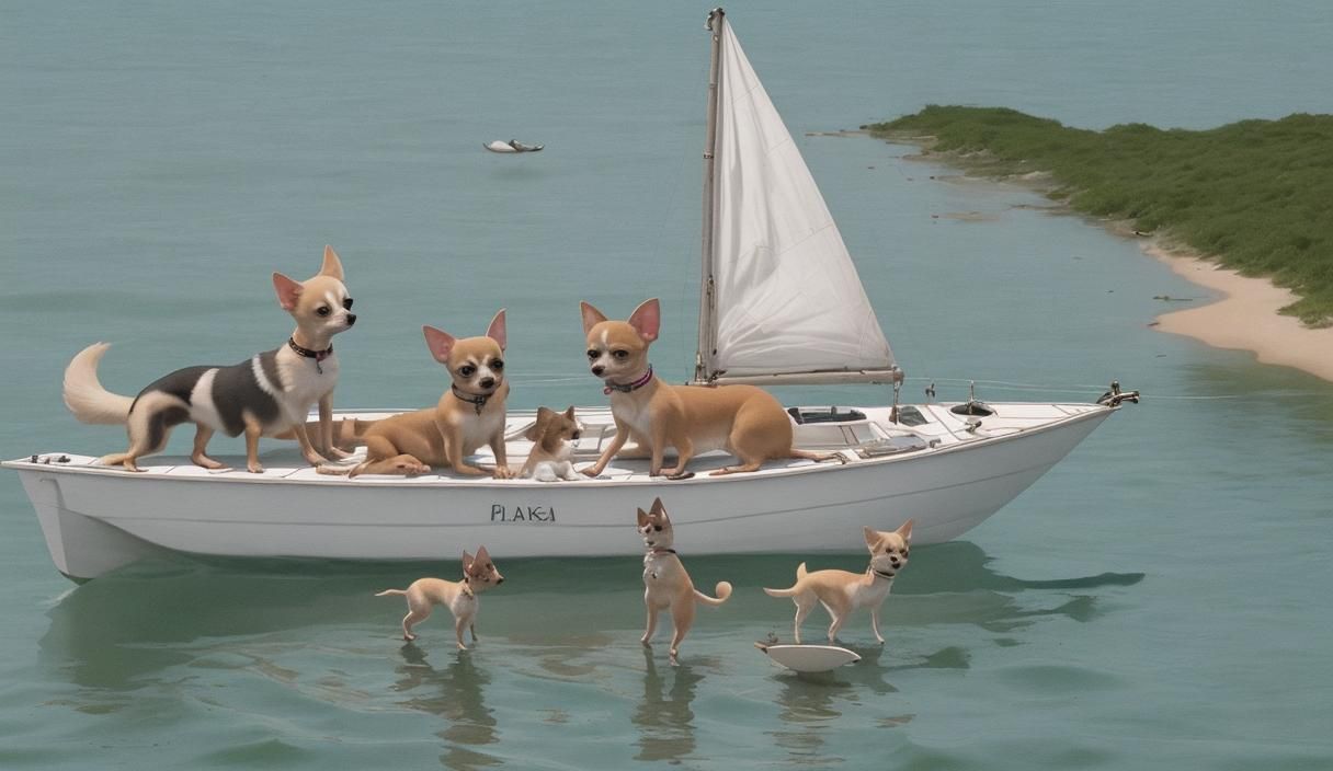 Chihuahuas Sailing on a Lake in Summer