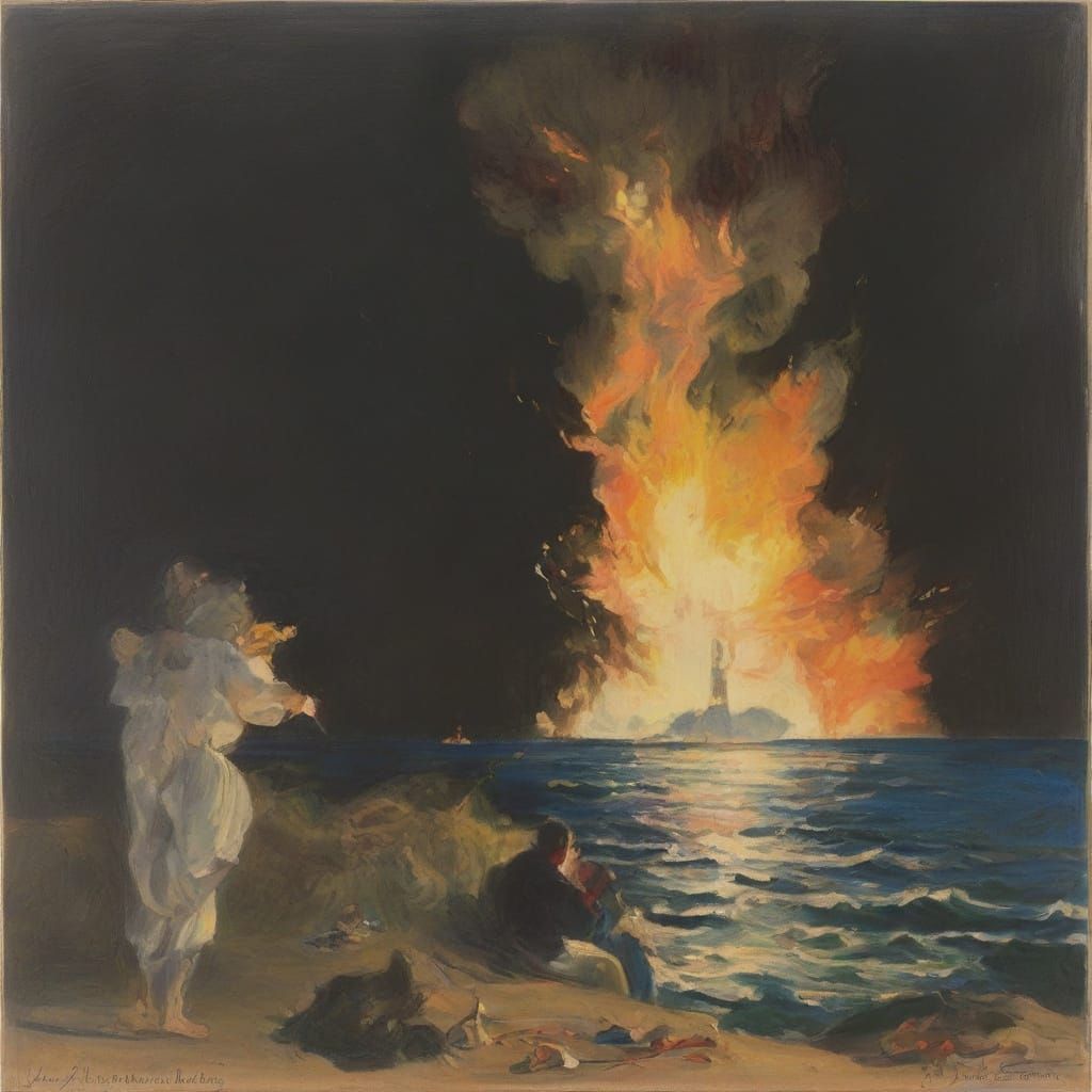 Surreal Propeller Blades Crumbling World Amidst Fiery Seas