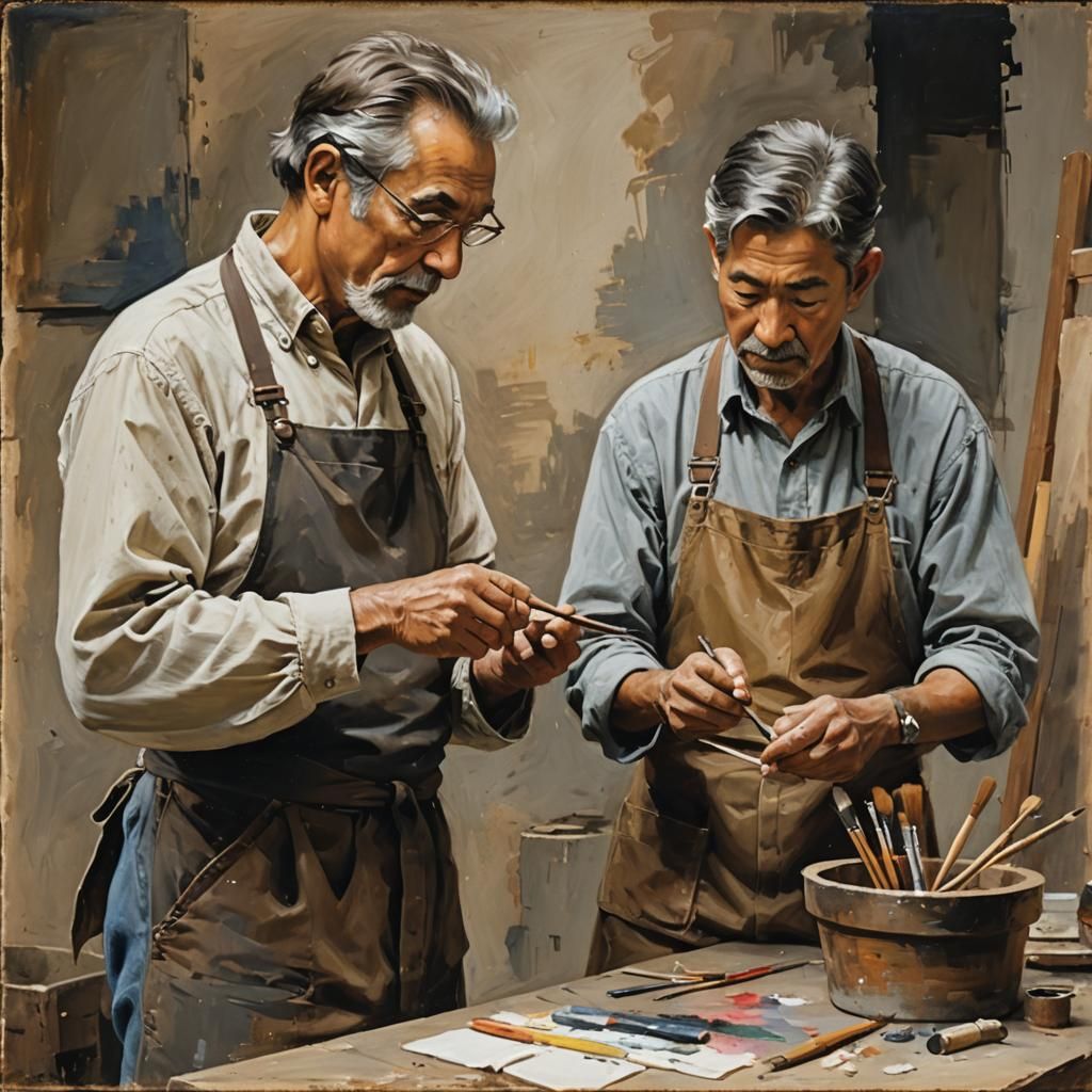 Master Artist Guides Young Apprentice in Studio