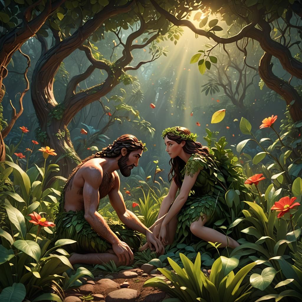 Adam and Eve in a Classical Garden Setting