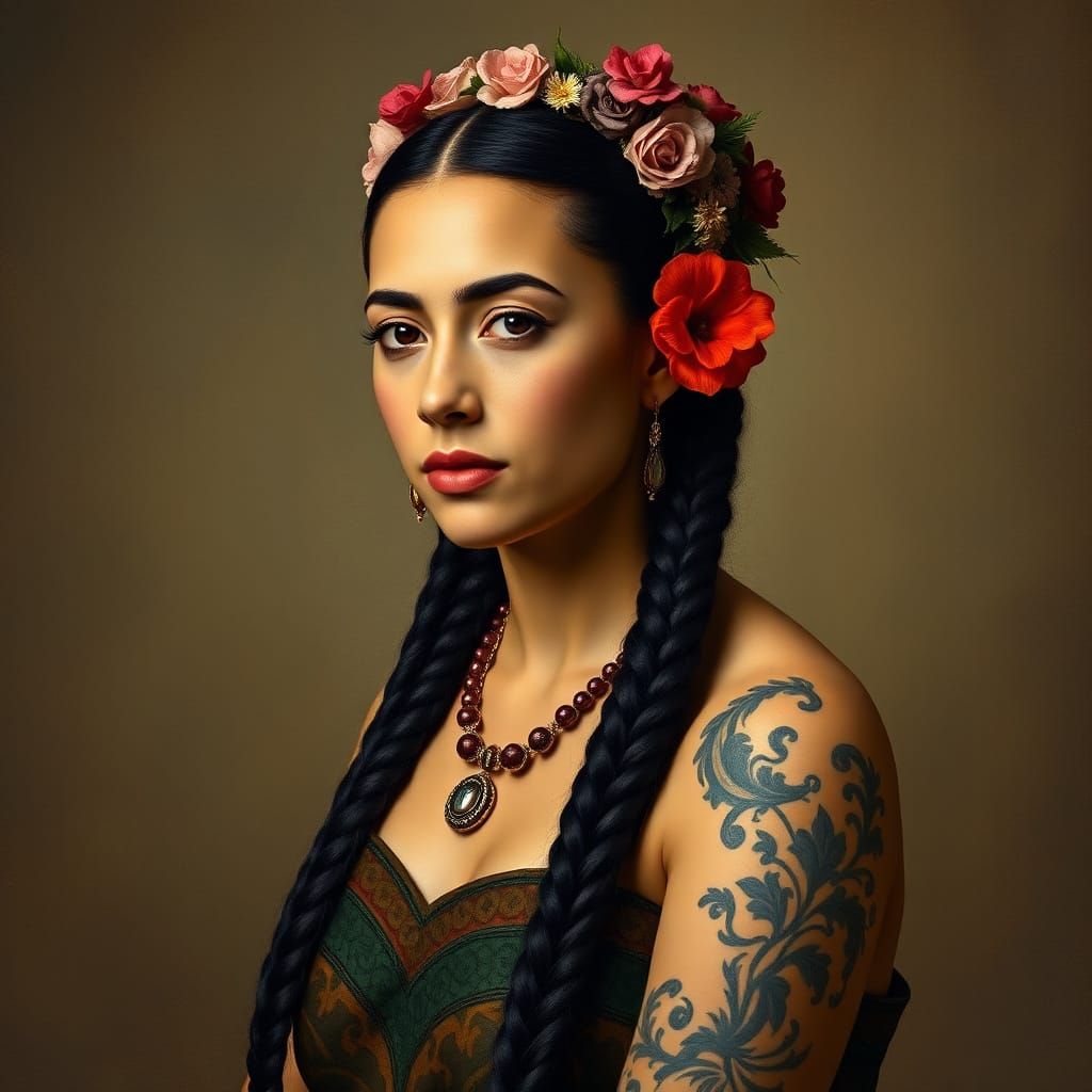 Tattooed Latina with Long Black Braids in Renaissance Style