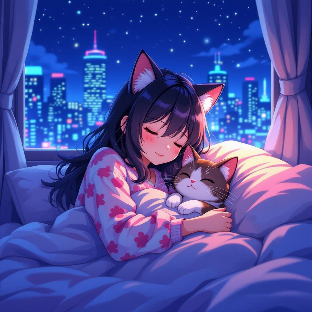 Cyberpunk Anime Girl Sleeps, Robot Guardian