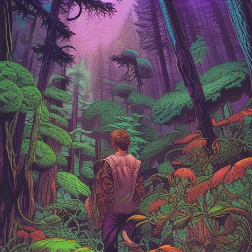 Man in Wonderland Forest in Comic Book Art