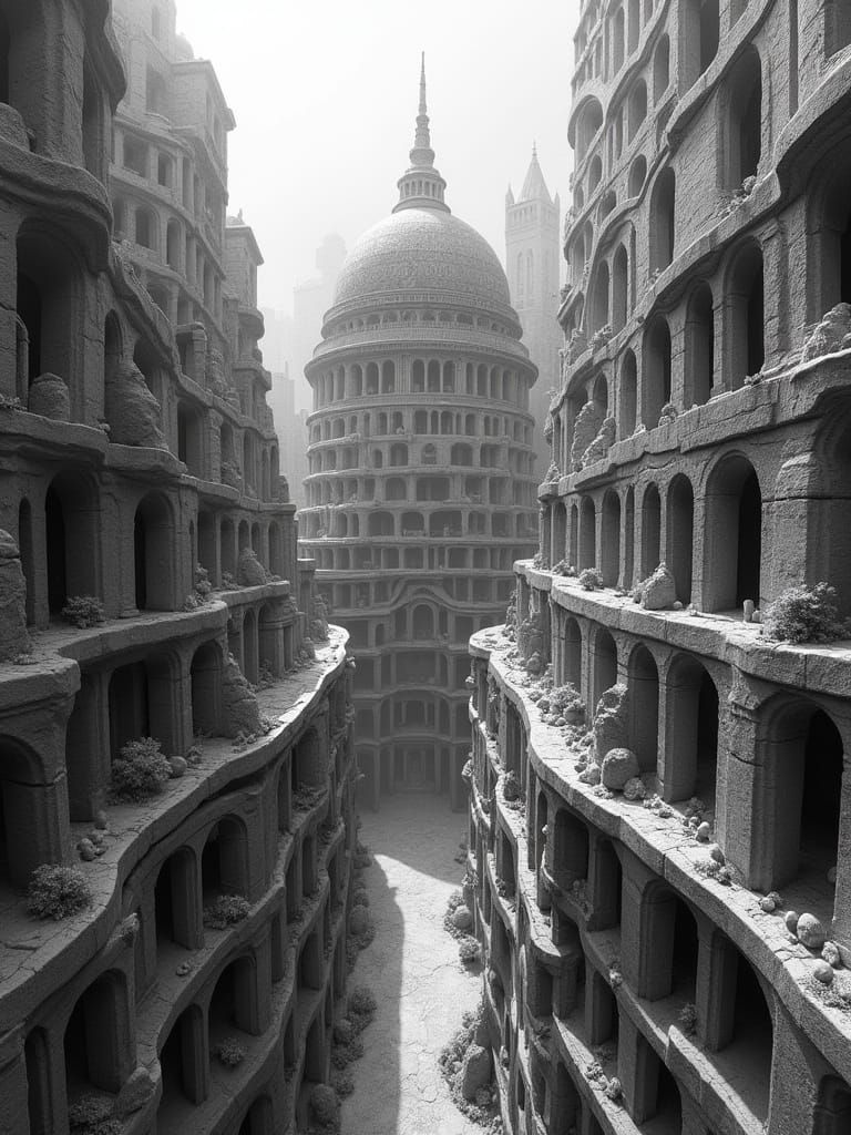 Monochromatic Cityscape in Escher Style