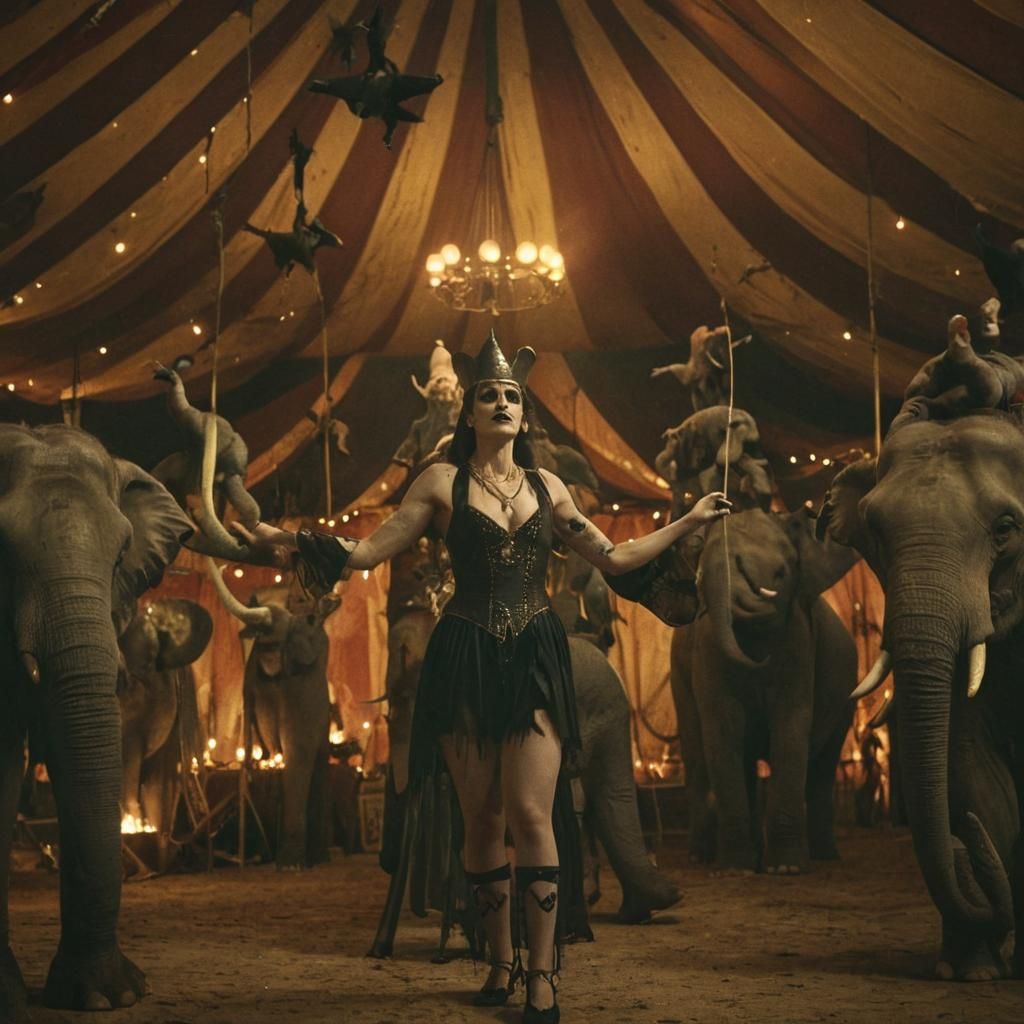 Creepy Circus Performance with Witch and Acrobats