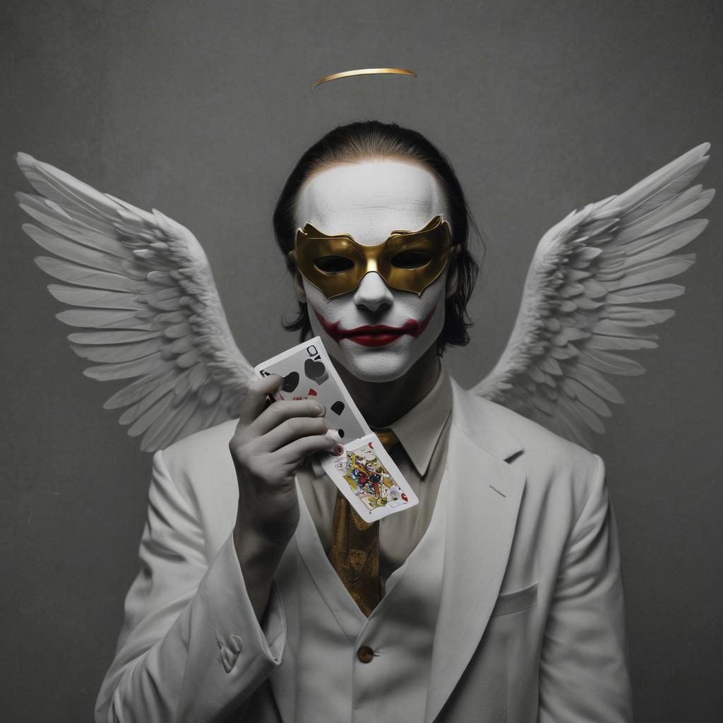Blindfolded Angel with Joker Card in Darkness