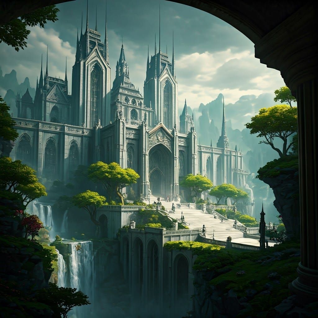 Grandiose Palace of White Marble in a Fantastical Landscape