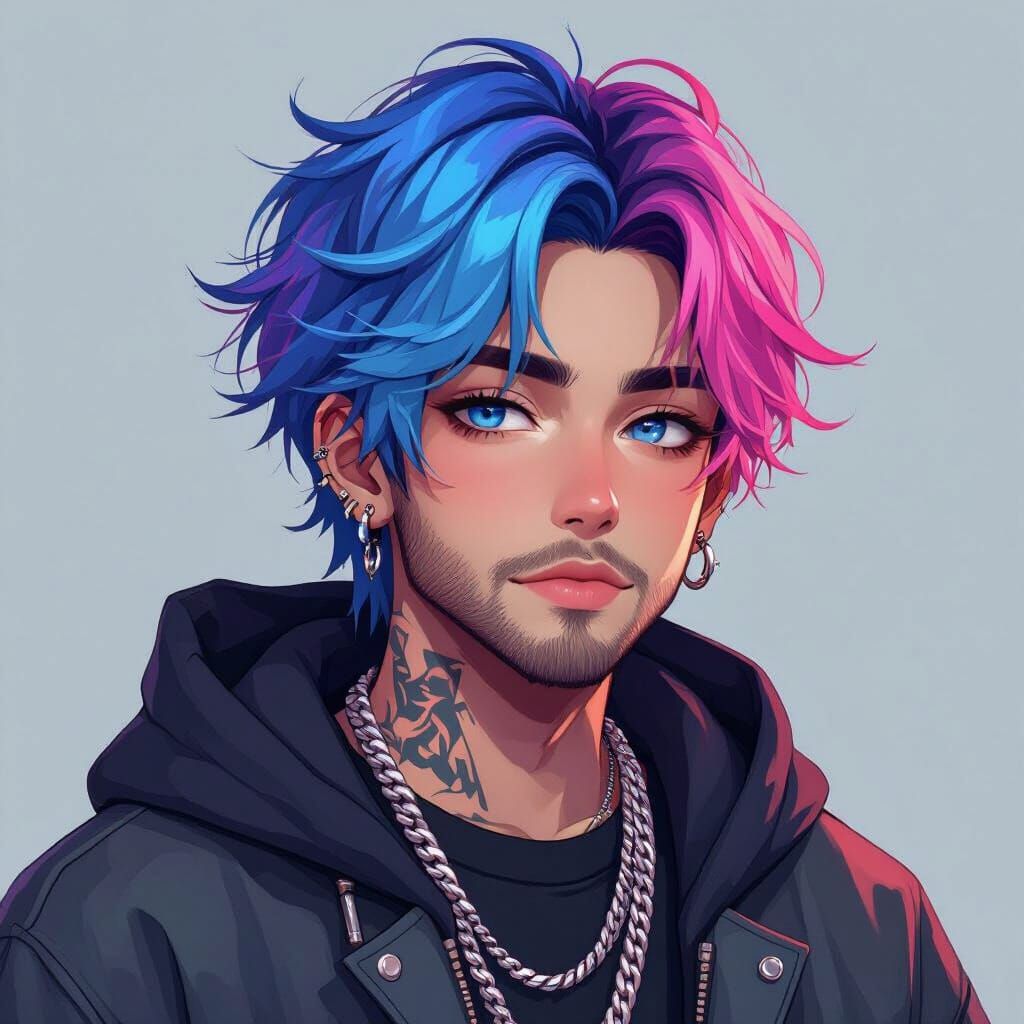 Male Character with Blue Pink Hair, Baggy Outfit