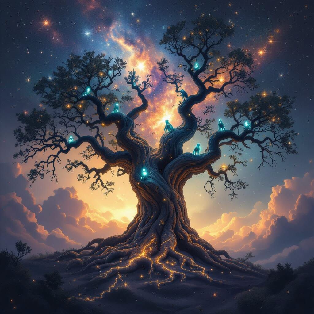 Cosmic Tree in Stardust Nebula with Celestial Creatures