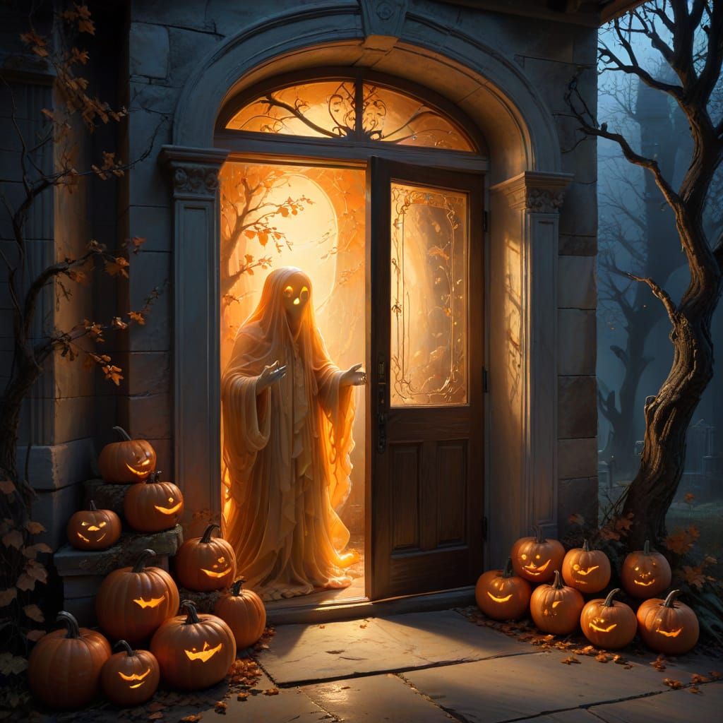 Wispy Ghost Offers Pumpkin Sweets at Haunted Doorway